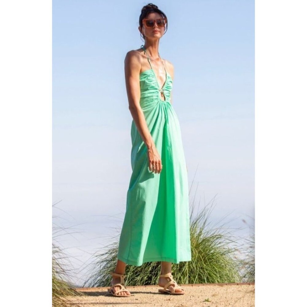 Etica Maye Keyhole Maxi Dress L Green Resort Halter Organic Cotton NEW